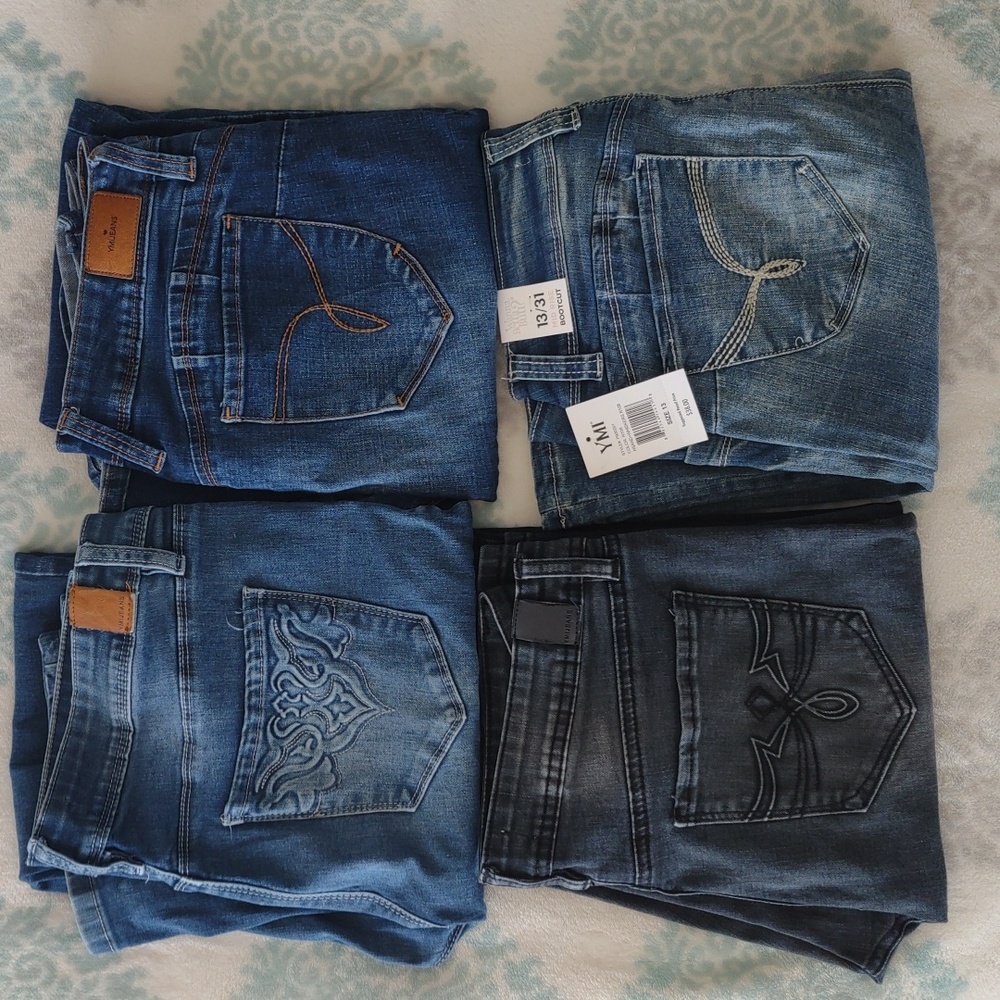 YMI Jeans Sz 13 mid rise bootcut lot of 4 pair -1 new with tag 3 excellent used